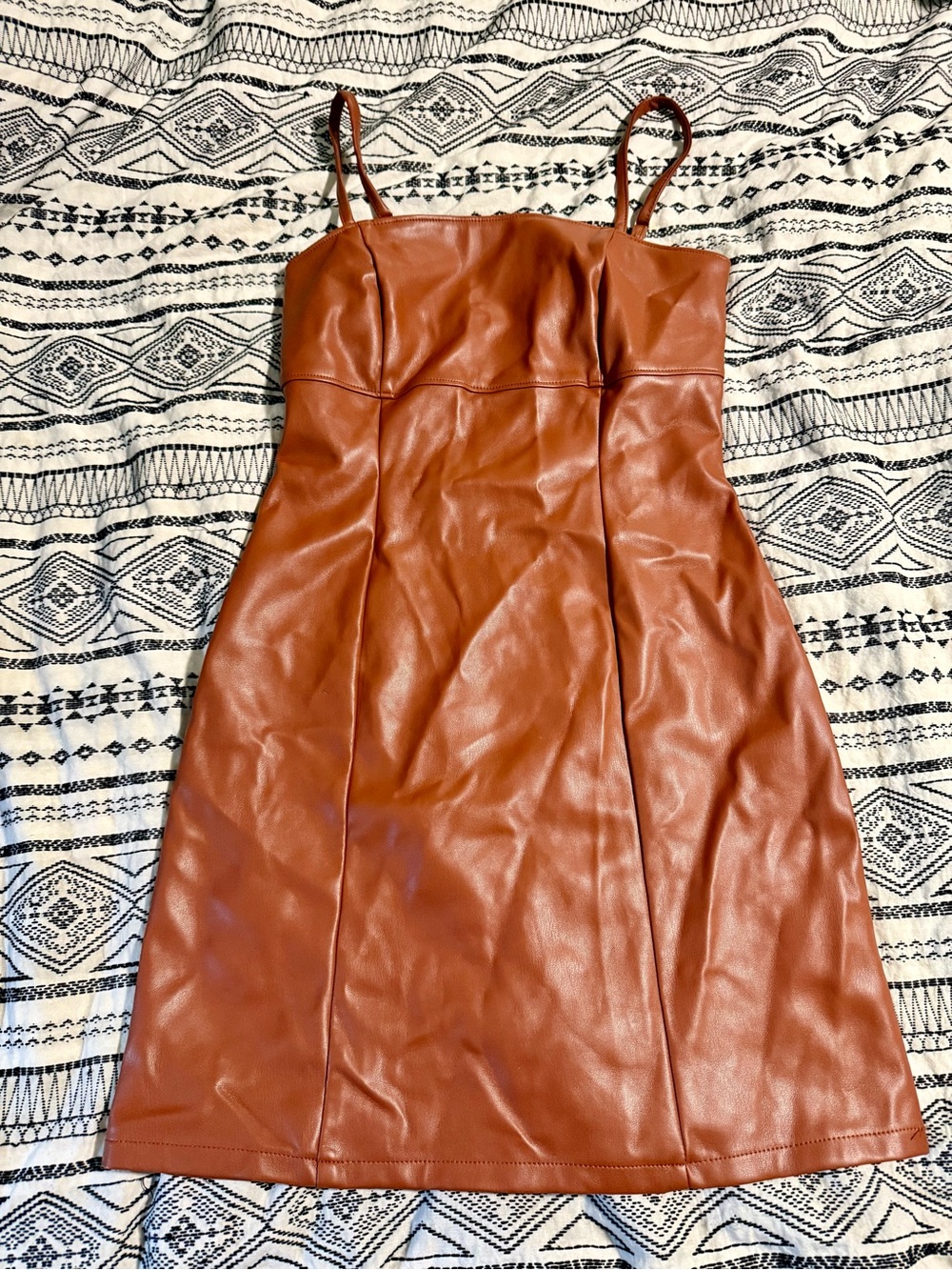 Spaghetti-Strap Faux Leather Mini Dress in Rust
